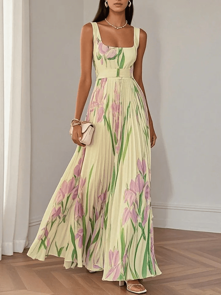 Tulip Print Pleated Maxi Dress in Yellow – full-length front view