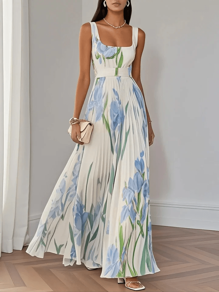 Tulip Print Pleated Maxi Dress in Light Blue – full-length front view with blue tulip print