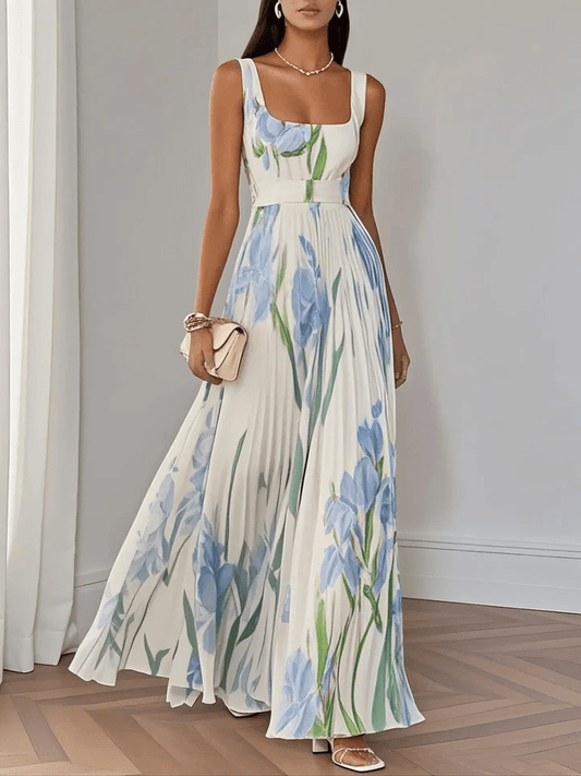 Tulip Print Pleated Maxi Dress in Light Blue – full-length front view with blue tulip print