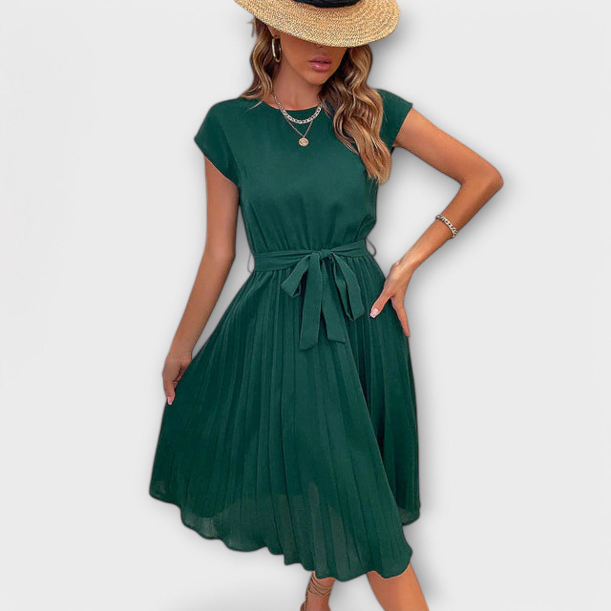 Pleated Relaxed Midi Dress – Dark Green