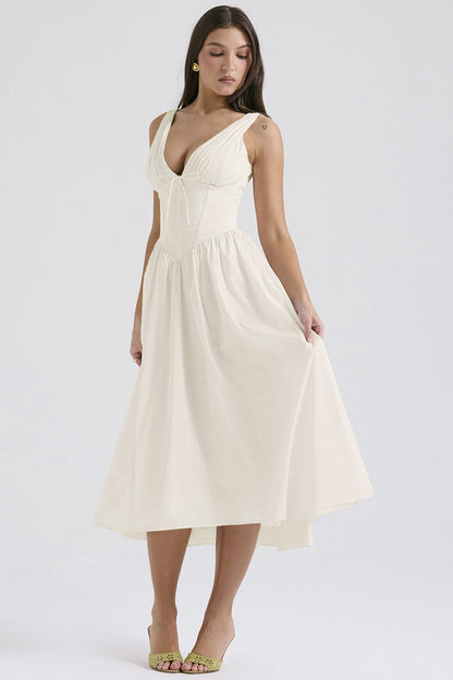 Ruched V-Neck Flared Midi Dress in White – front view