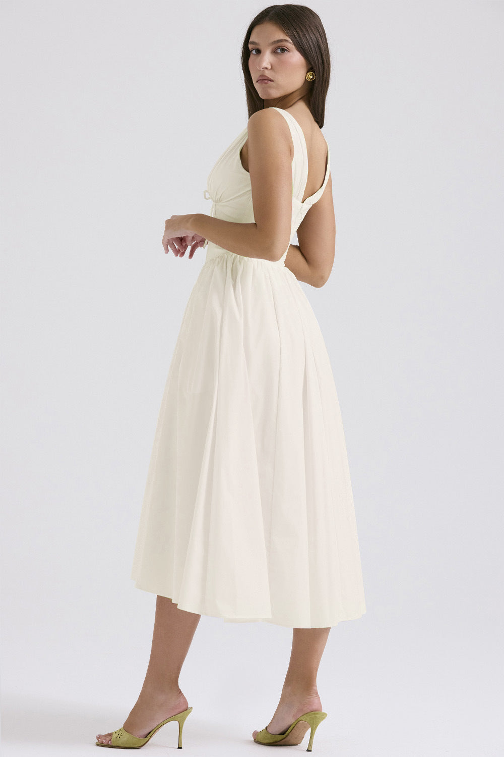 Ruched V-Neck Flared Midi Dress in White – back view showing open back