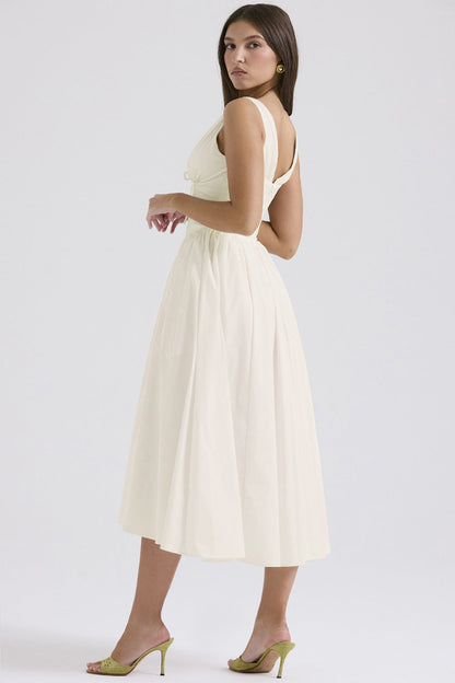 Ruched V-Neck Flared Midi Dress in White – back view showing open back
