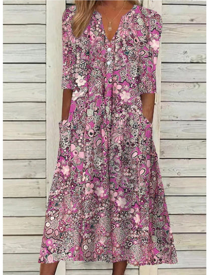 V-Neck Short Sleeve Summer Midi Dress – Pink