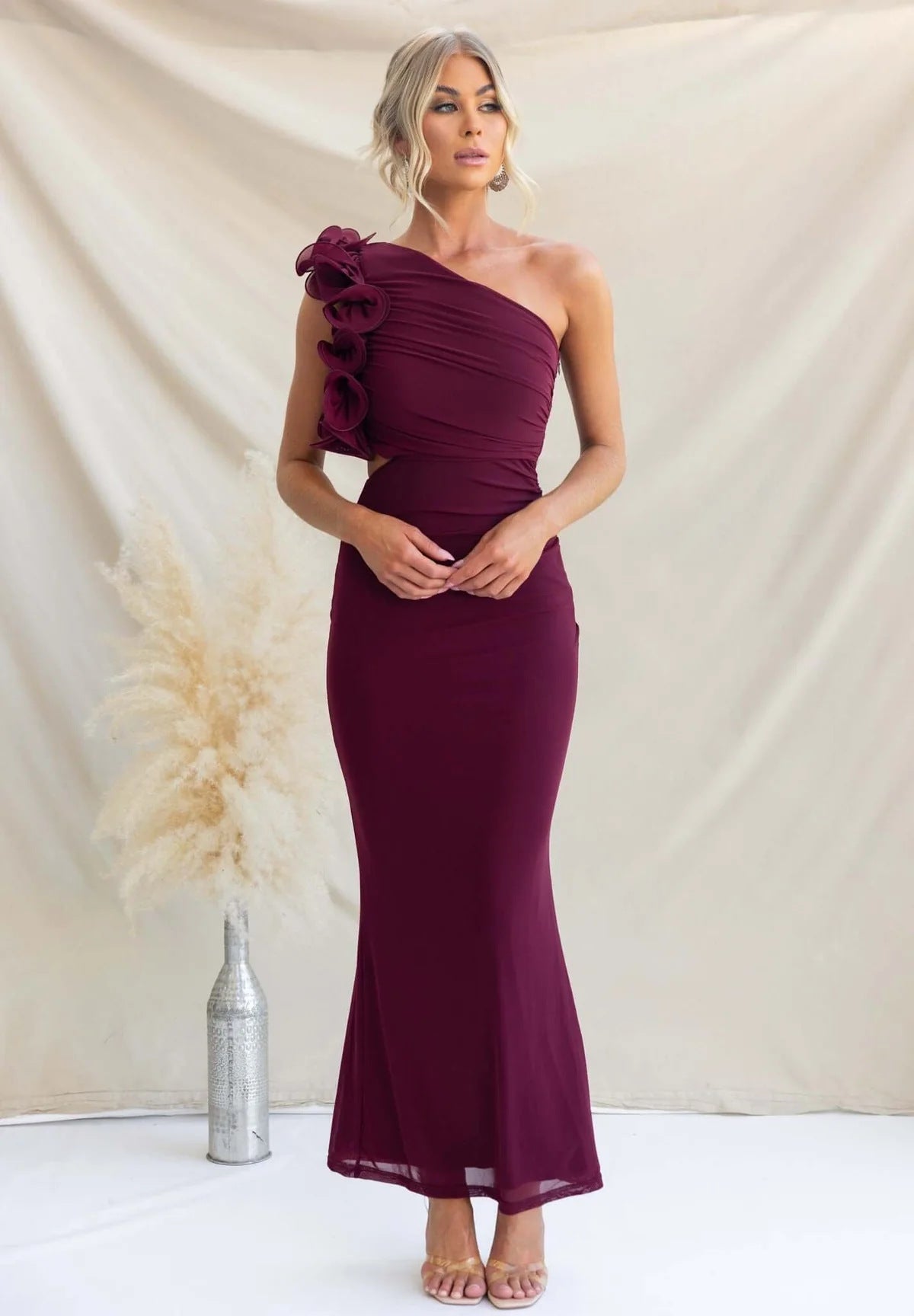 Ruffled One-Shoulder Maxi Dress in Burgundy – front view, full length