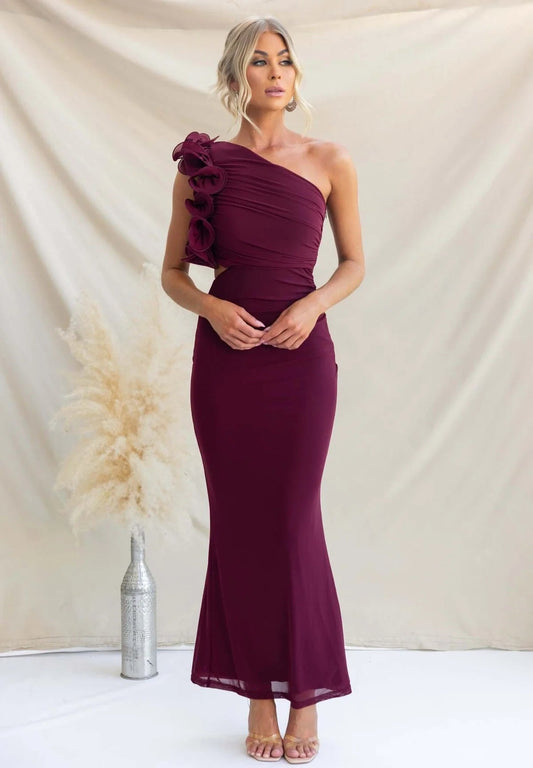 Ruffled One-Shoulder Maxi Dress in Burgundy – front view, full length