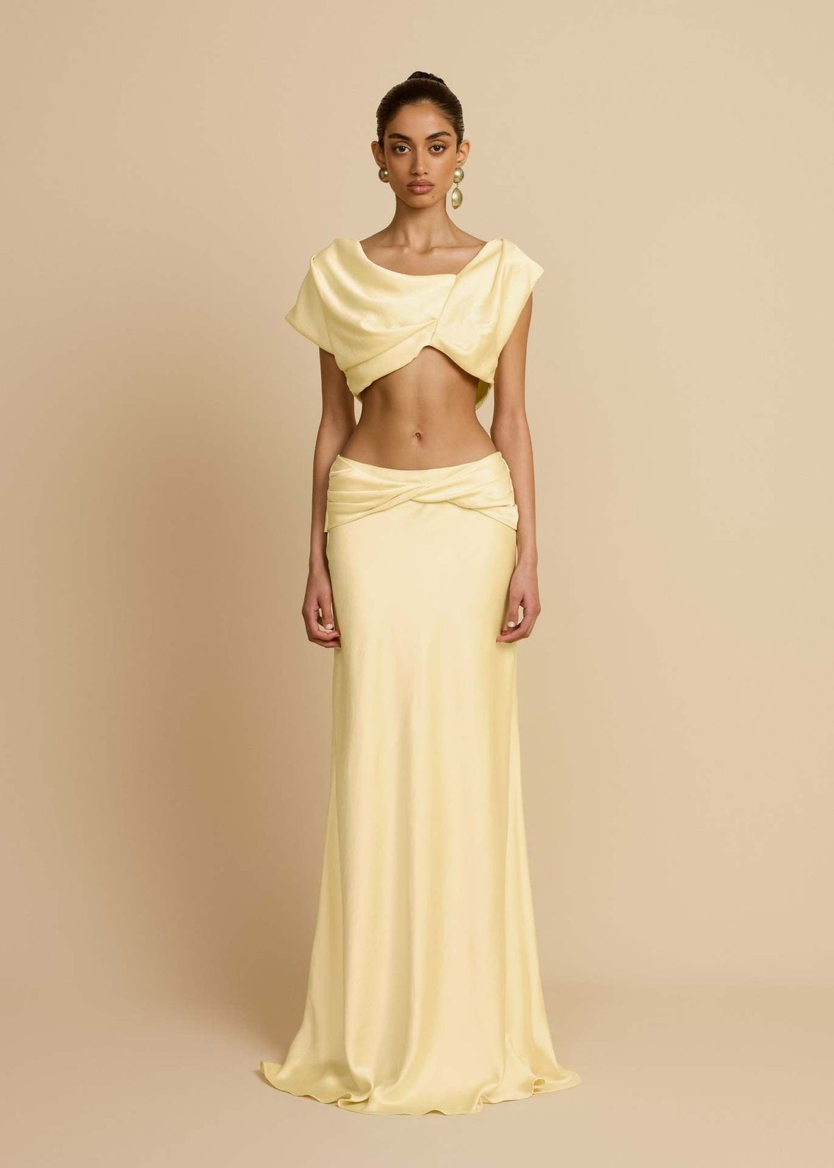 Yellow Twist Crop Top & Maxi Skirt Set – front view of crop top and maxi skirt