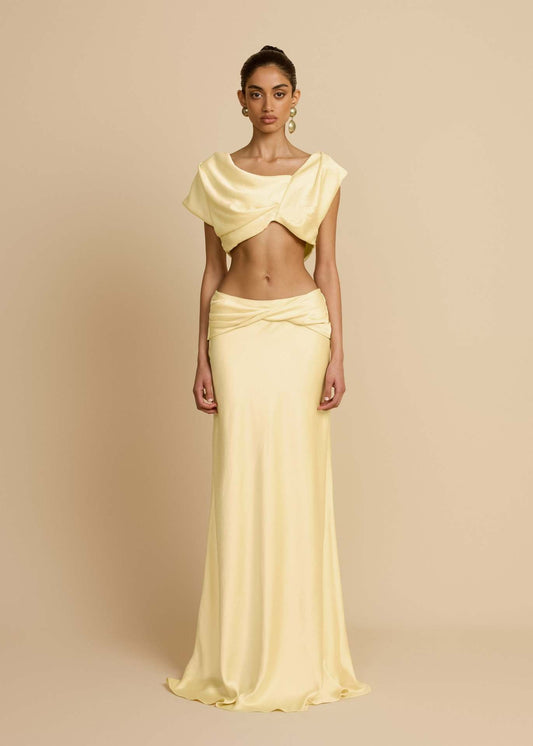 Yellow Twist Crop Top & Maxi Skirt Set – front view of crop top and maxi skirt