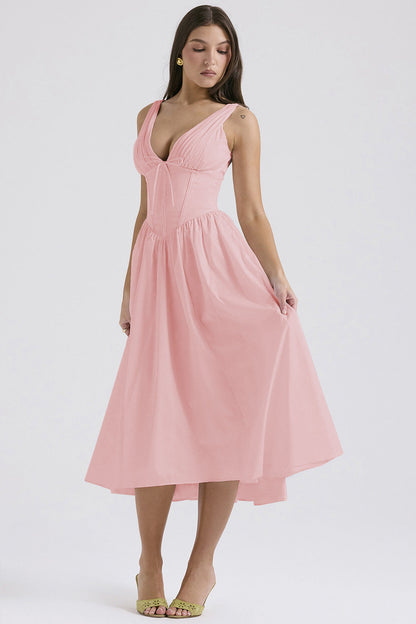 Ruched V-Neck Flared Midi Dress in Pink – front view