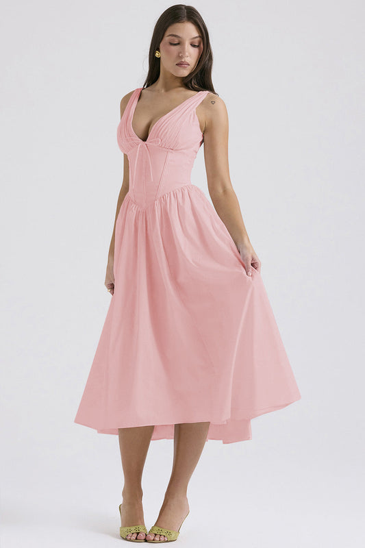 Ruched V-Neck Flared Midi Dress in Pink – front view
