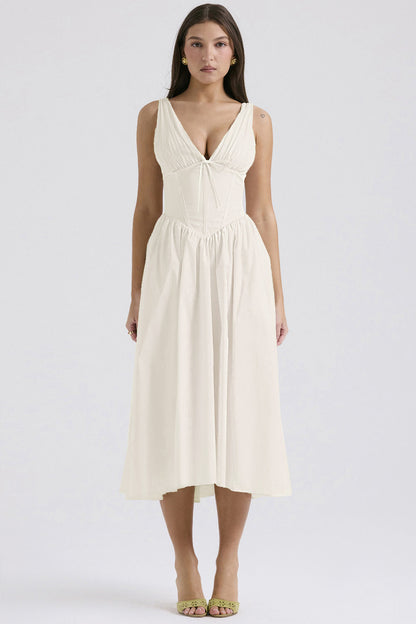 Ruched V-Neck Flared Midi Dress in White – full-length front view