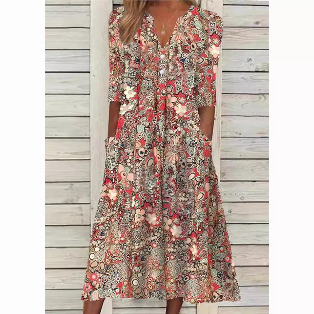 V-Neck Short Sleeve Summer Midi Dress