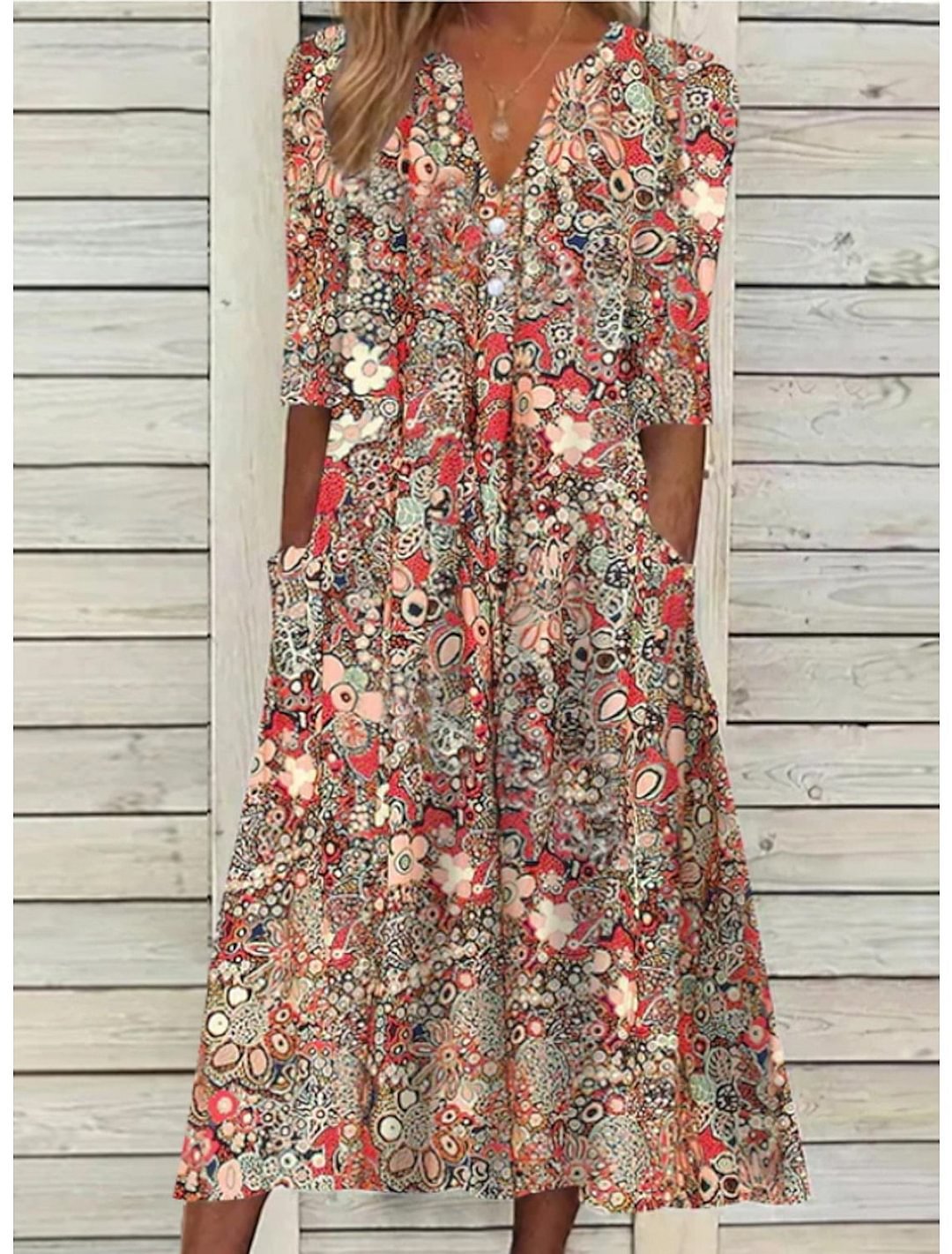 V-Neck Short Sleeve Summer Midi Dress – Red