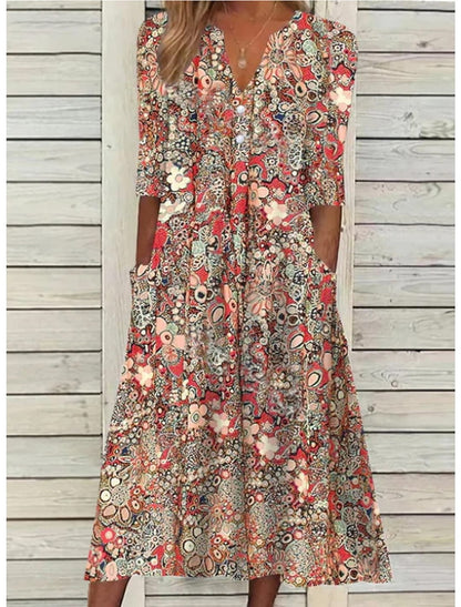 V-Neck Short Sleeve Summer Midi Dress – Red