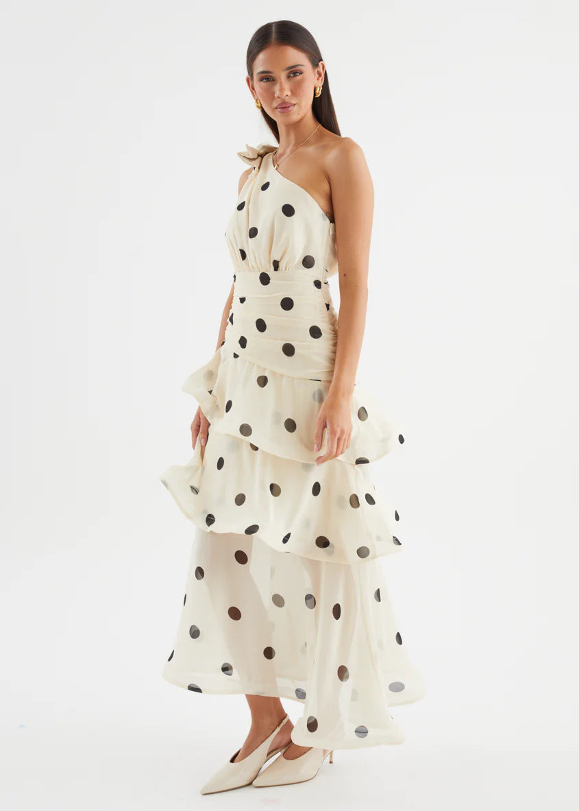 White Polka Dot One-Shoulder Midi Dress – full-length side view