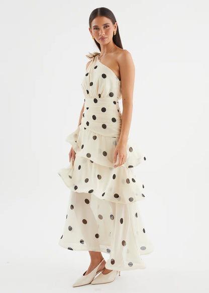 White Polka Dot One-Shoulder Midi Dress – full-length side view