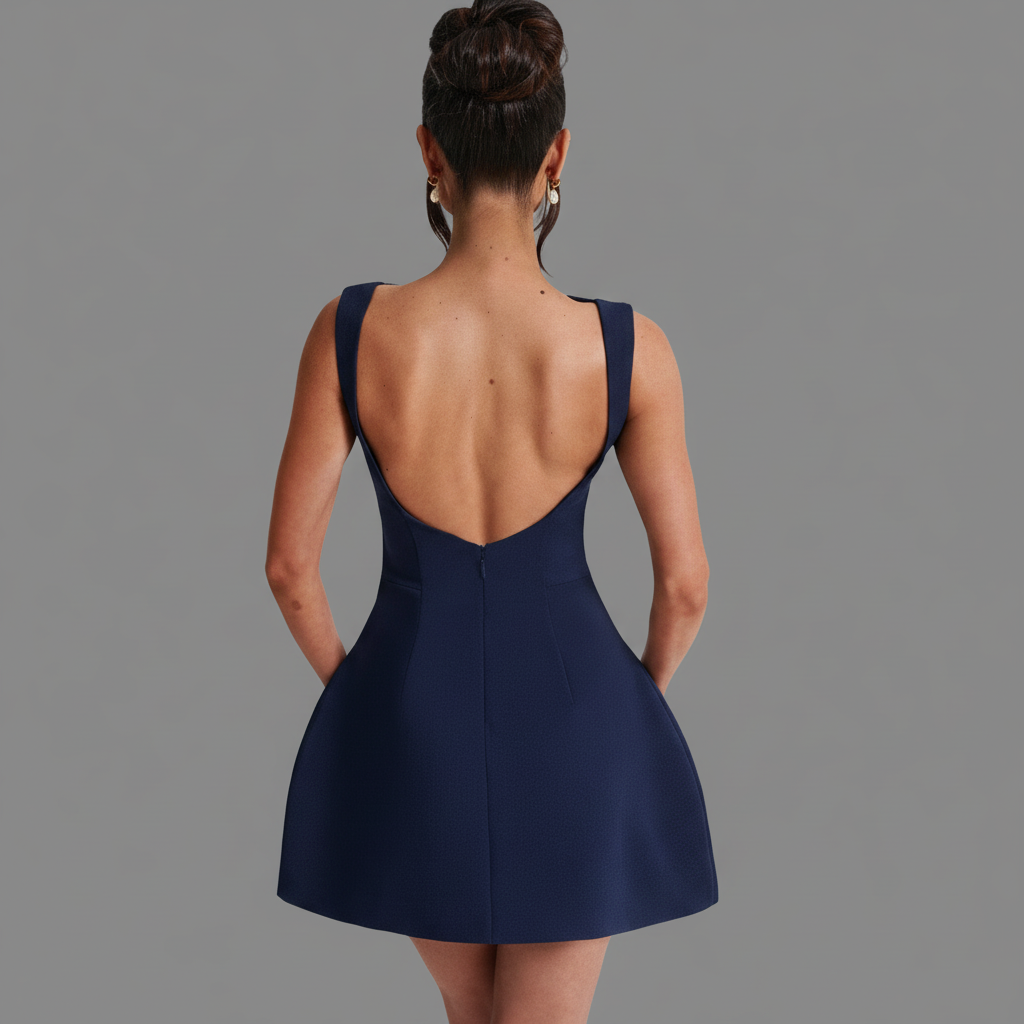 Boat Neck A-Line Mini Dress in Navy Blue – back view showing open back