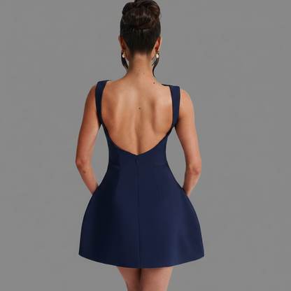 Boat Neck A-Line Mini Dress in Navy Blue – back view showing open back