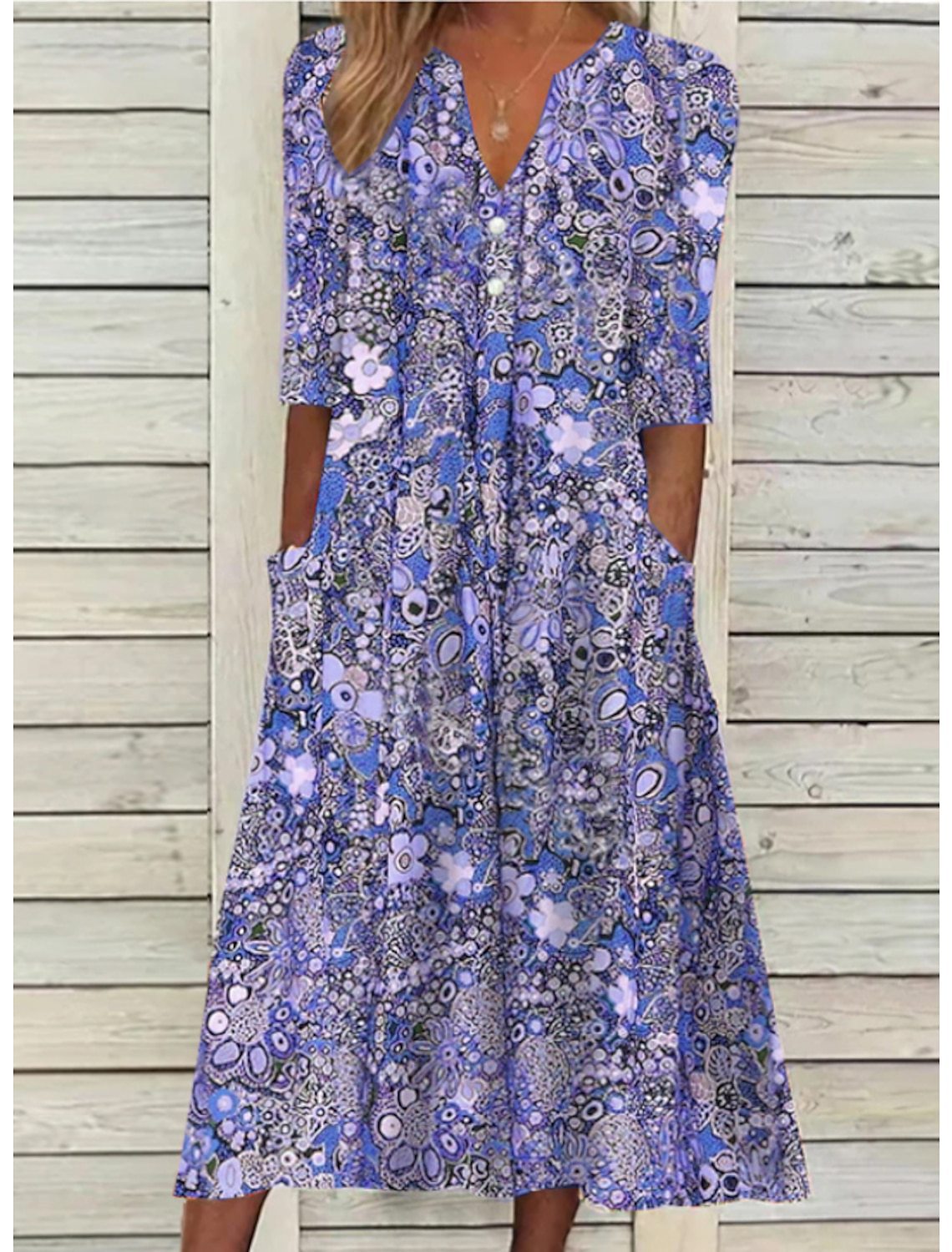 V-Neck Short Sleeve Summer Midi Dress – Blue
