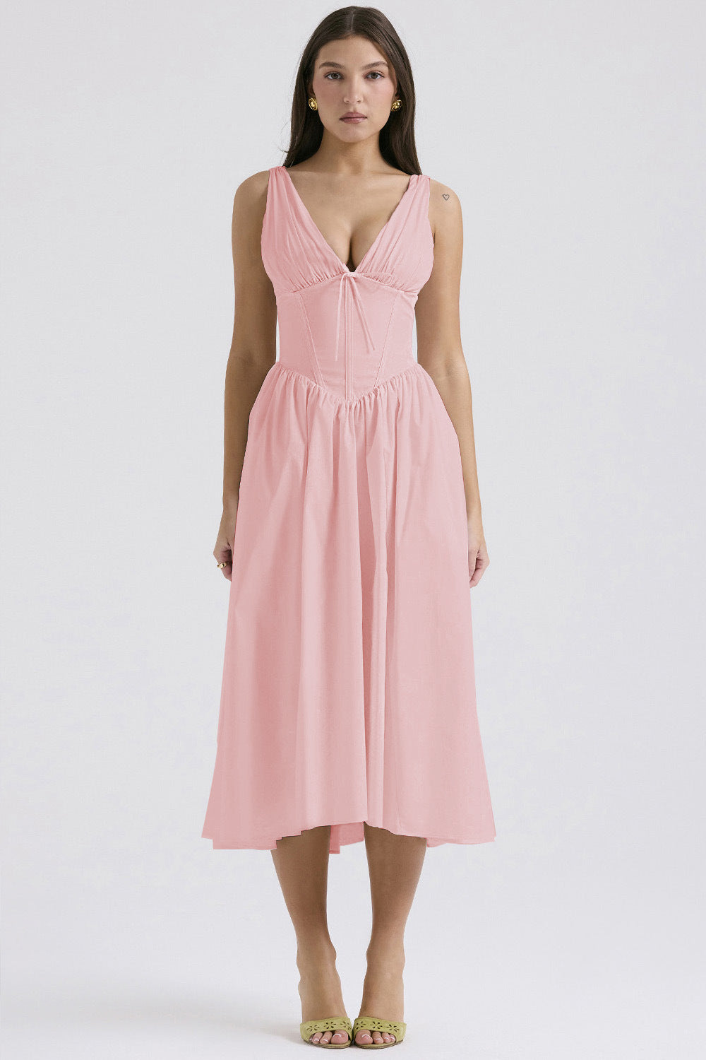 Ruched V-Neck Flared Midi Dress in Pink – full-length front view