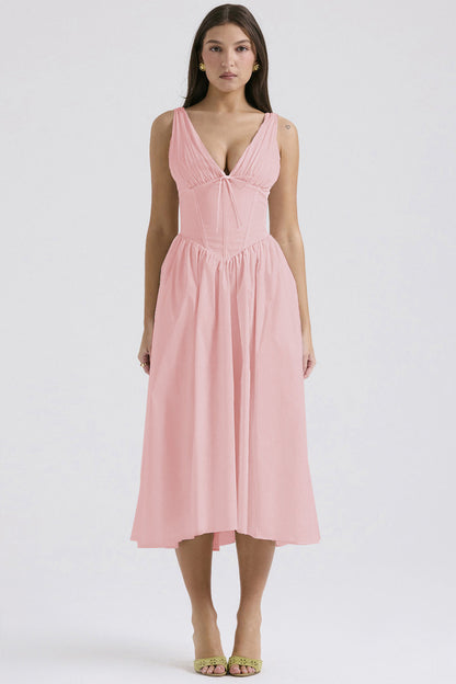 Ruched V-Neck Flared Midi Dress in Pink – full-length front view