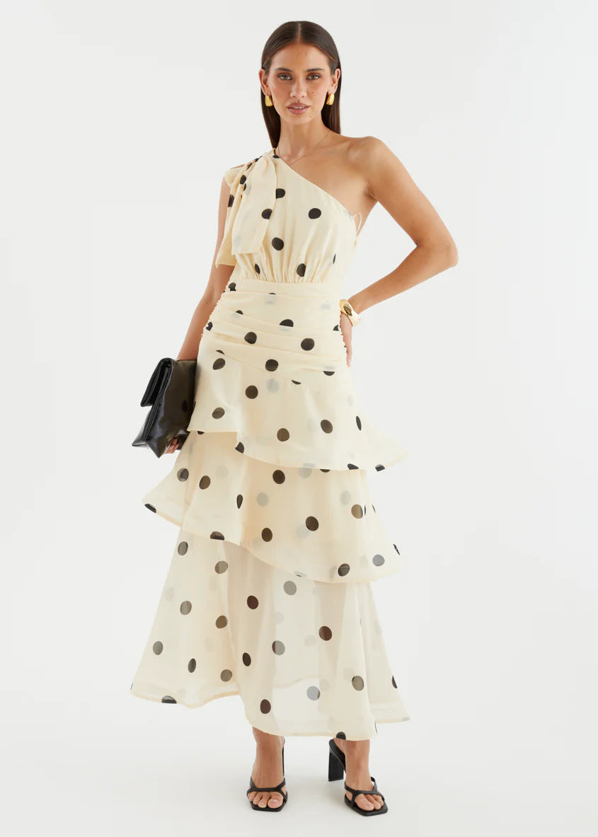 White Polka Dot One-Shoulder Midi Dress – full-length front view with clutch