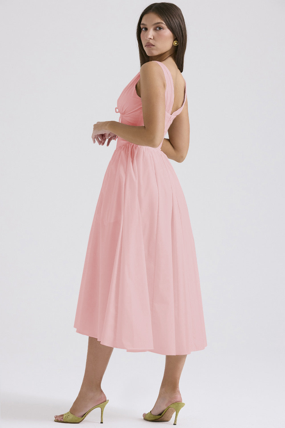 Ruched V-Neck Flared Midi Dress in Pink – back view showing open back