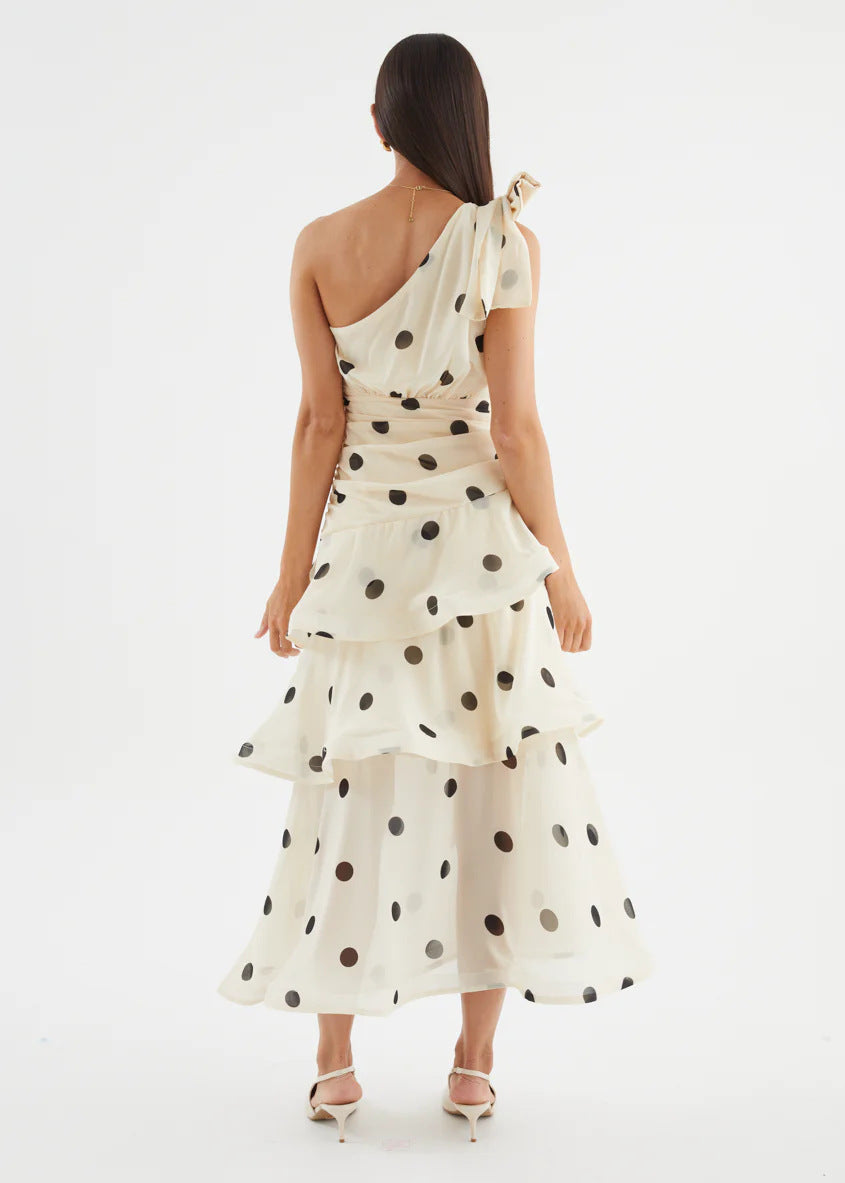 White Polka Dot One-Shoulder Midi Dress – full-length back view