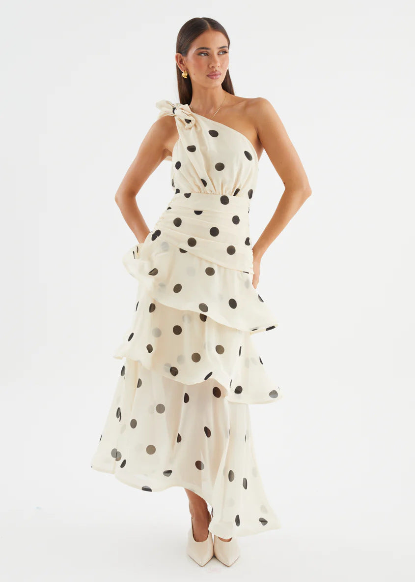 White Polka Dot One-Shoulder Midi Dress – full-length front view, hands on waist