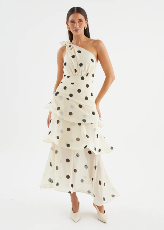White Polka Dot One-Shoulder Midi Dress – full-length front view