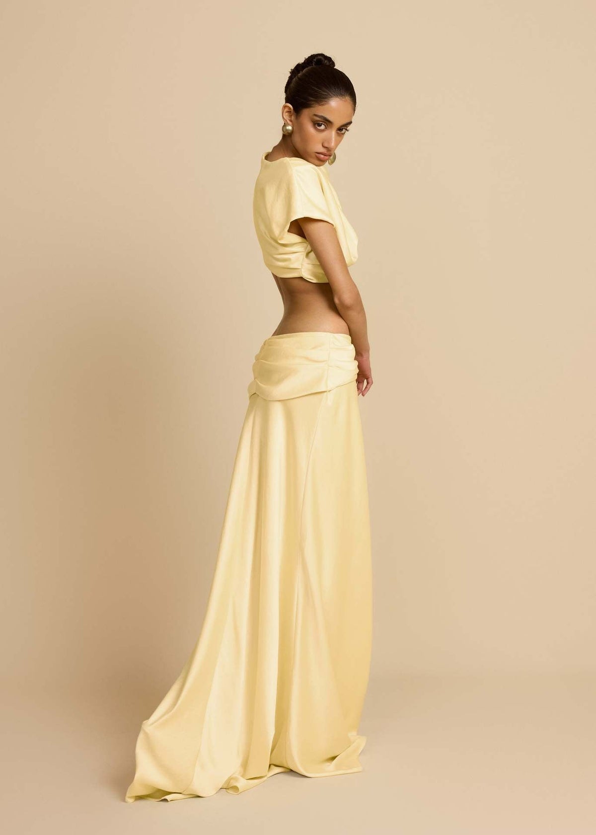 Yellow Twist Crop Top & Maxi Skirt Set – side back view
