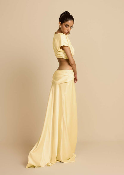 Yellow Twist Crop Top & Maxi Skirt Set – side back view