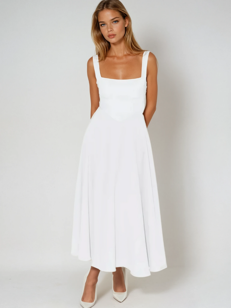 Square Neck Wide Strap Midi Dress – White
