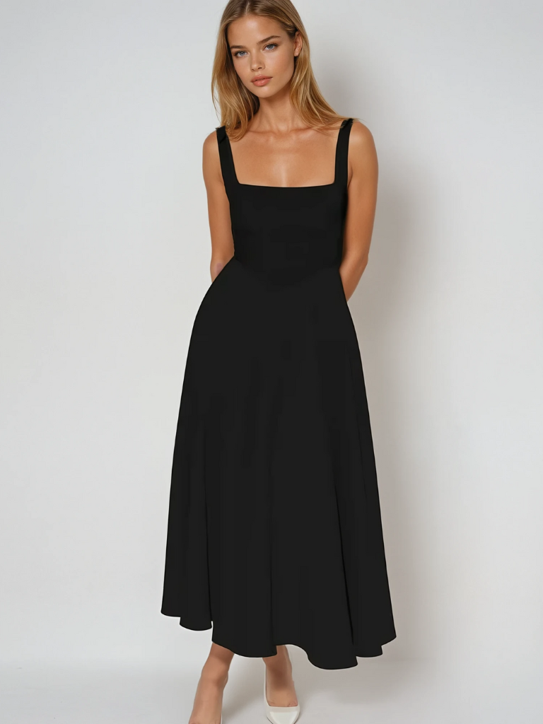 Square Neck Wide Strap Midi Dress – Black