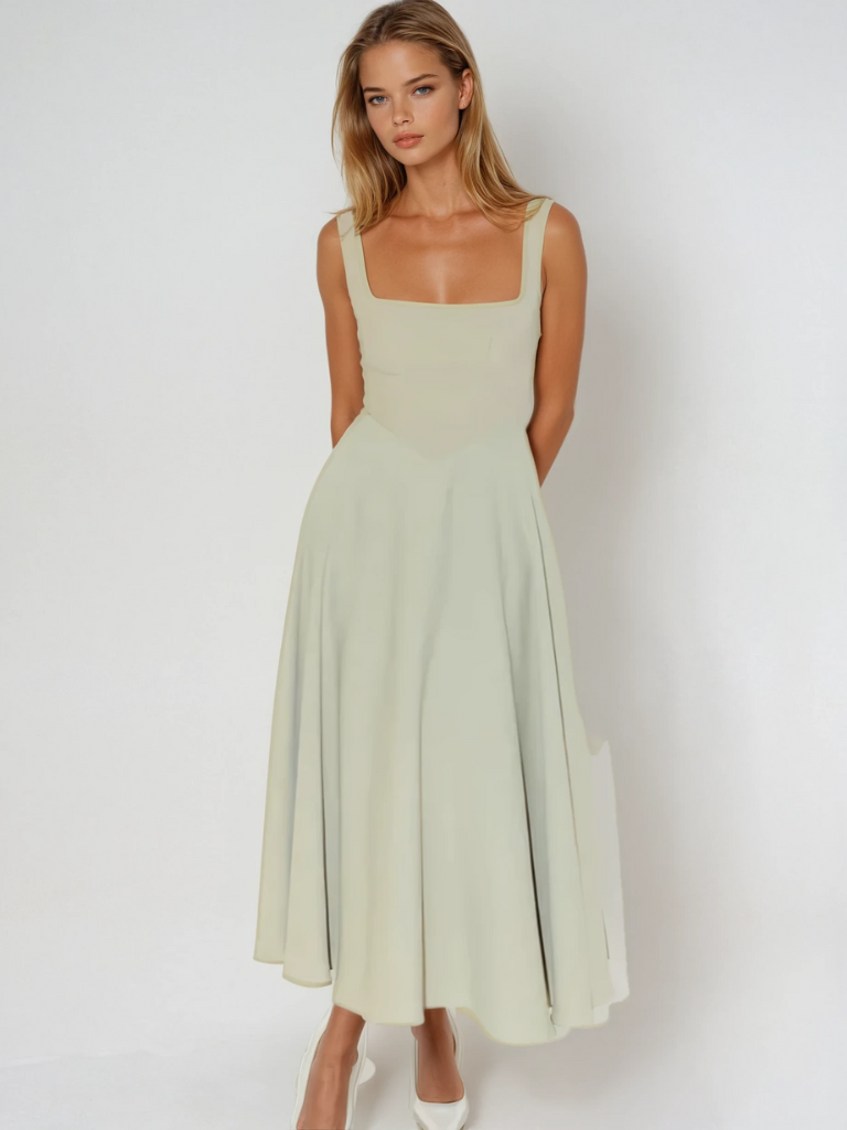 Square Neck Wide Strap Midi Dress – Sage