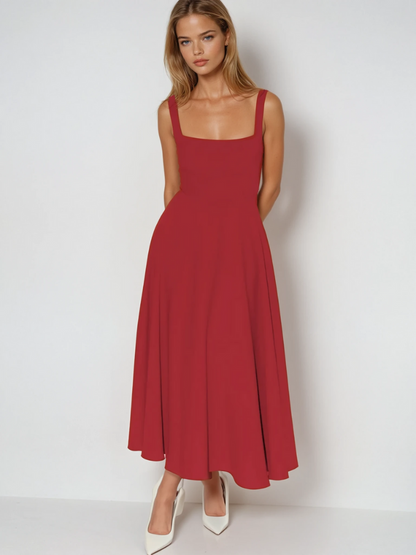 Square Neck Wide Strap Midi Dress – Red