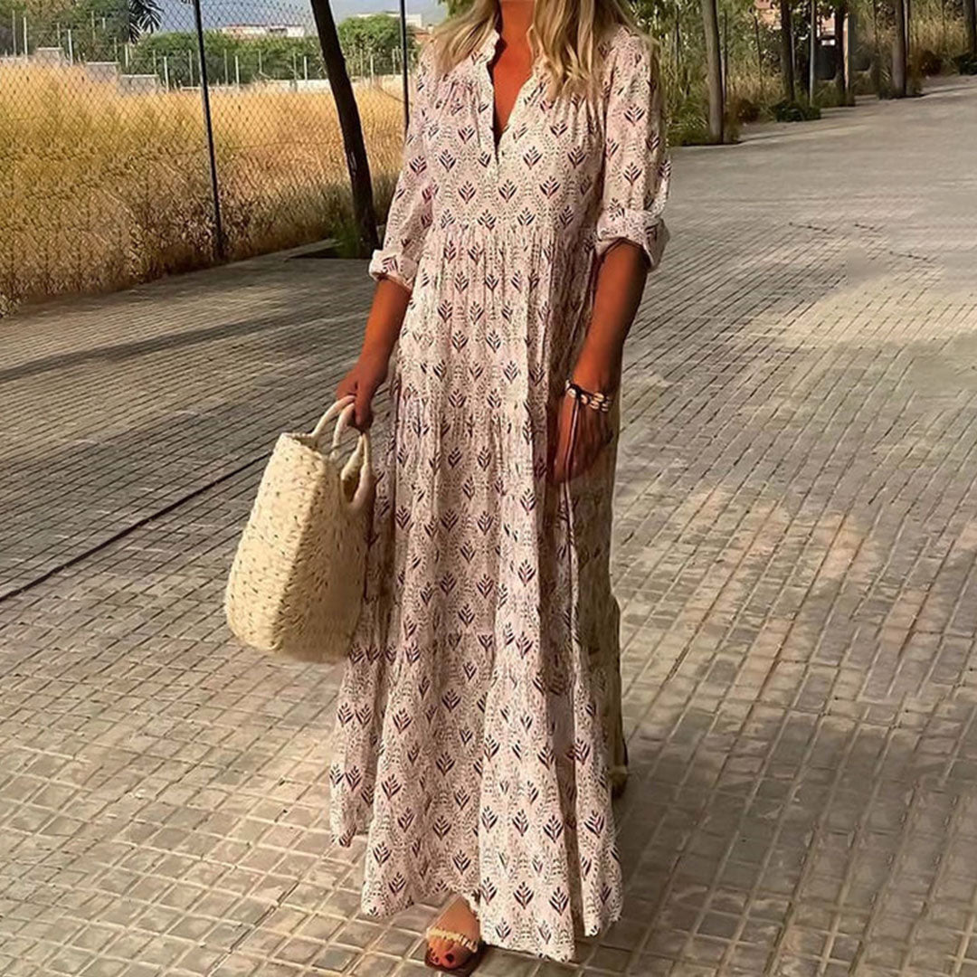 Boho V-Neck Flowing Maxi Dress – Pink