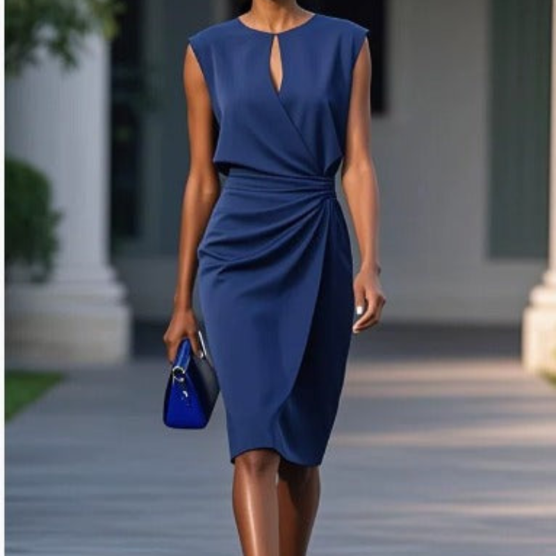 Keyhole Neck Sleeveless Ruched Midi Dress – Dark Blue