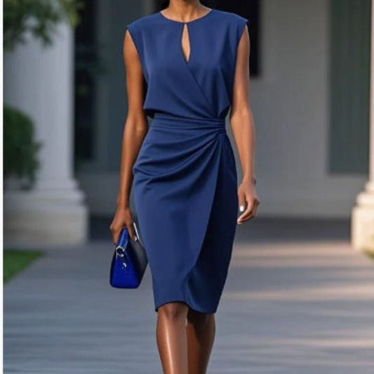 Keyhole Neck Sleeveless Ruched Midi Dress – Dark Blue