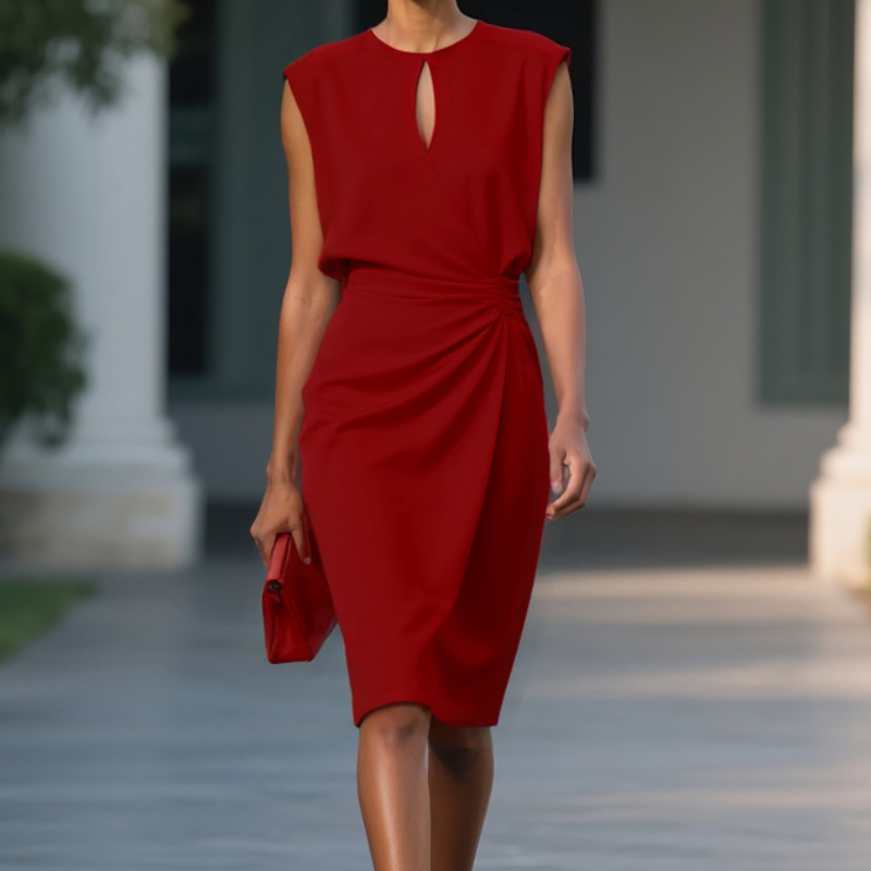 Keyhole Neck Sleeveless Ruched Midi Dress – Red