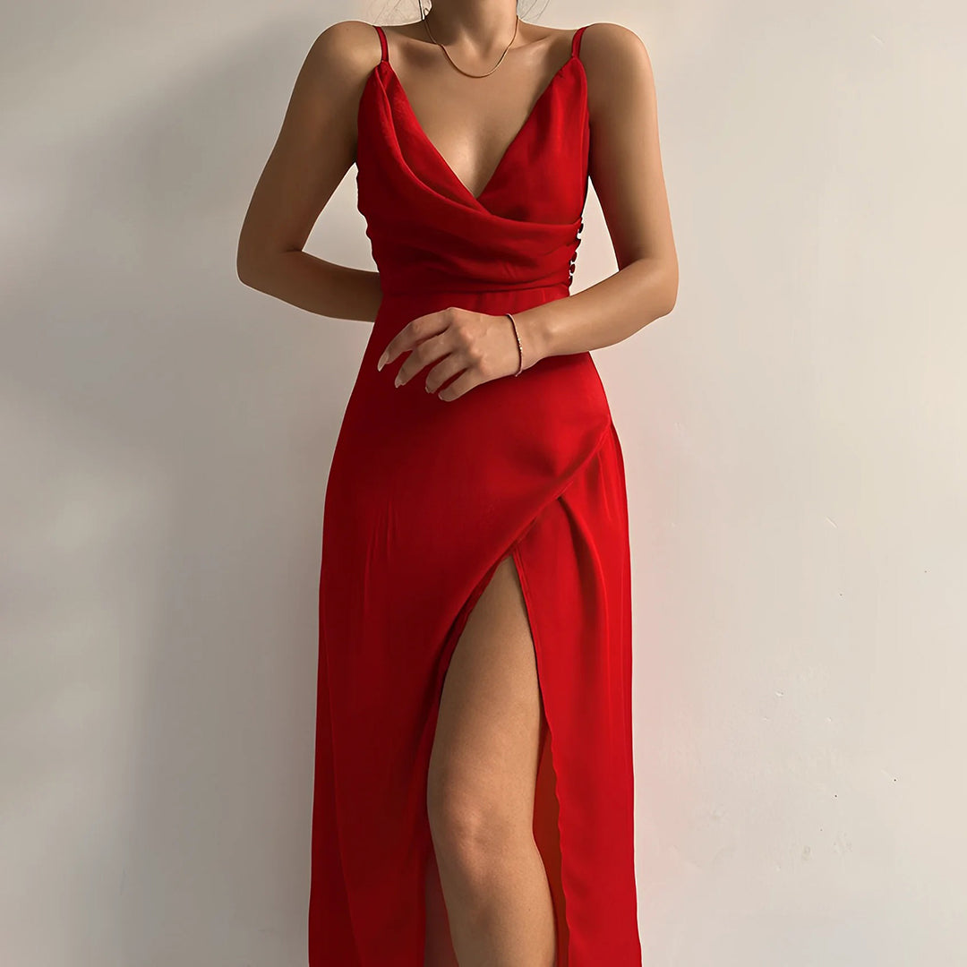 Cami Strap Side Split Midi Dress – Red