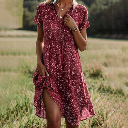 Floral Short Sleeve Flowy Midi Dress – Red
