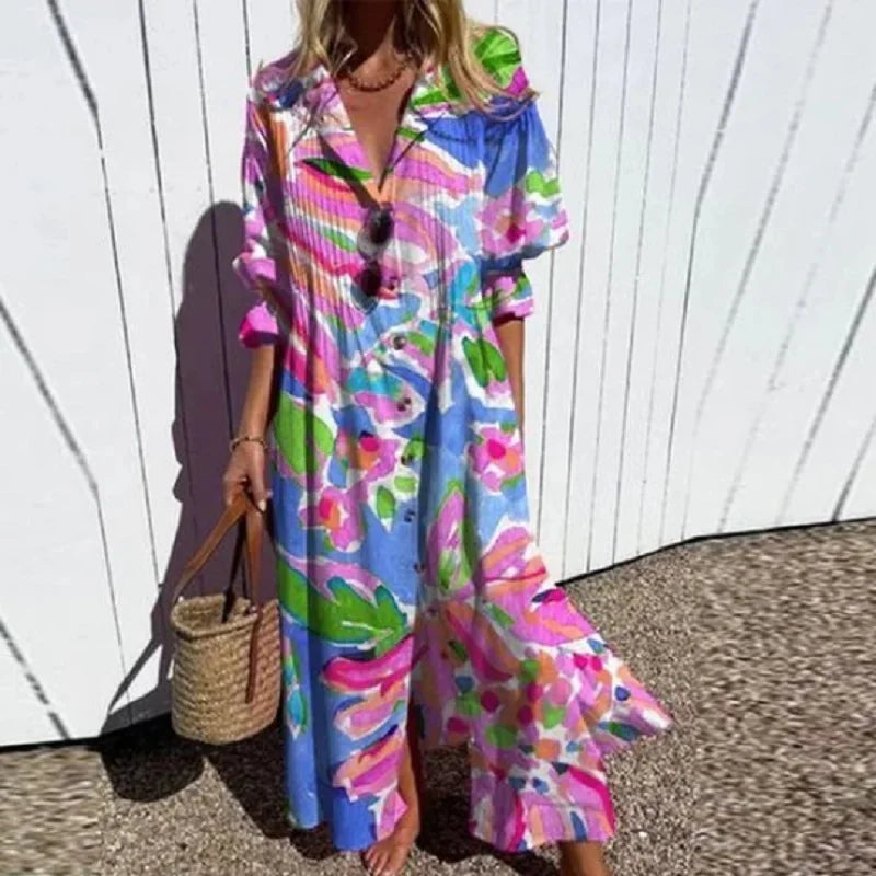 Boho Print V-Neck Maxi Dress – Pink