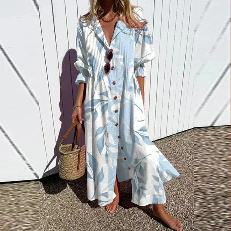 Boho Print V-Neck Maxi Dress – Light Blue