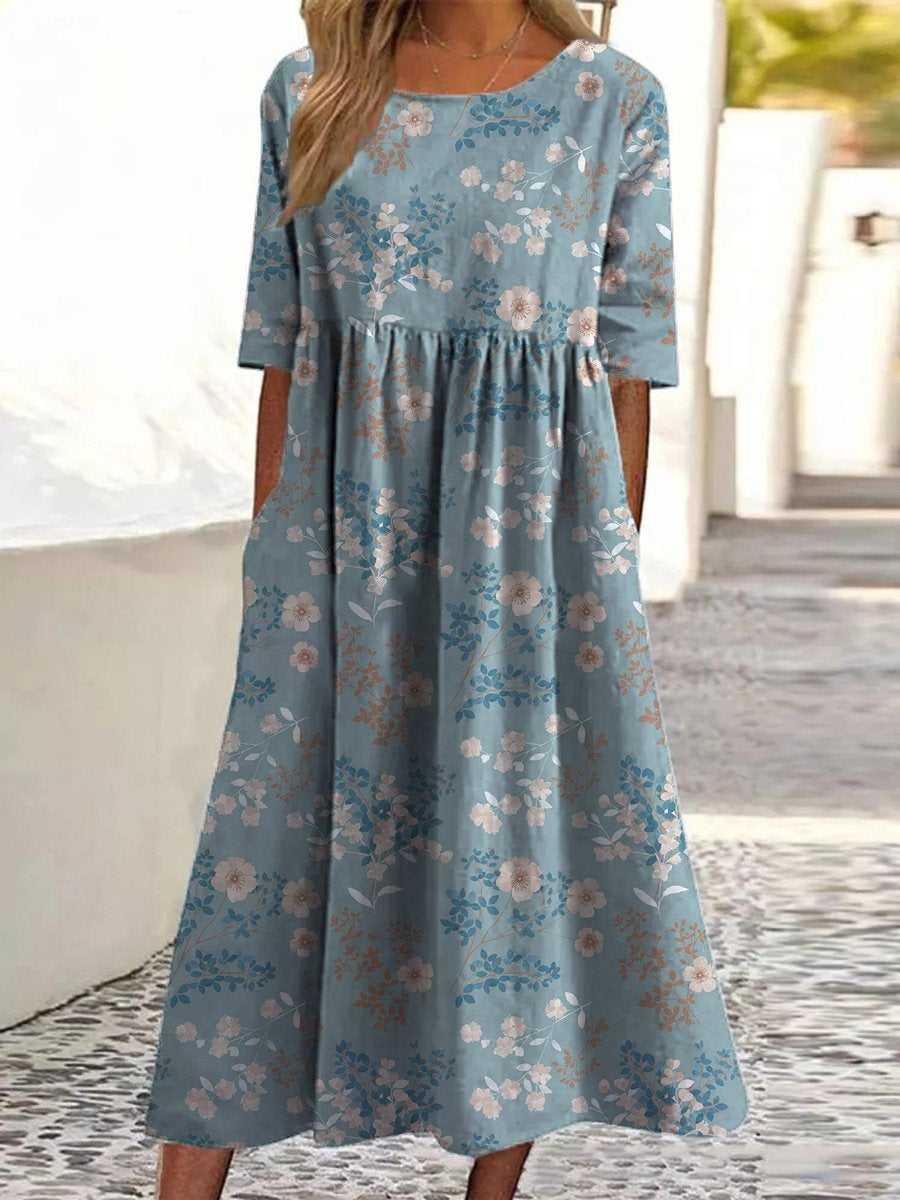 Embroidered Round Neck Midi Dress – Light Blue