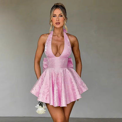 Jacquard Halter Skater Mini Dress with Bow Back in Pink – front view