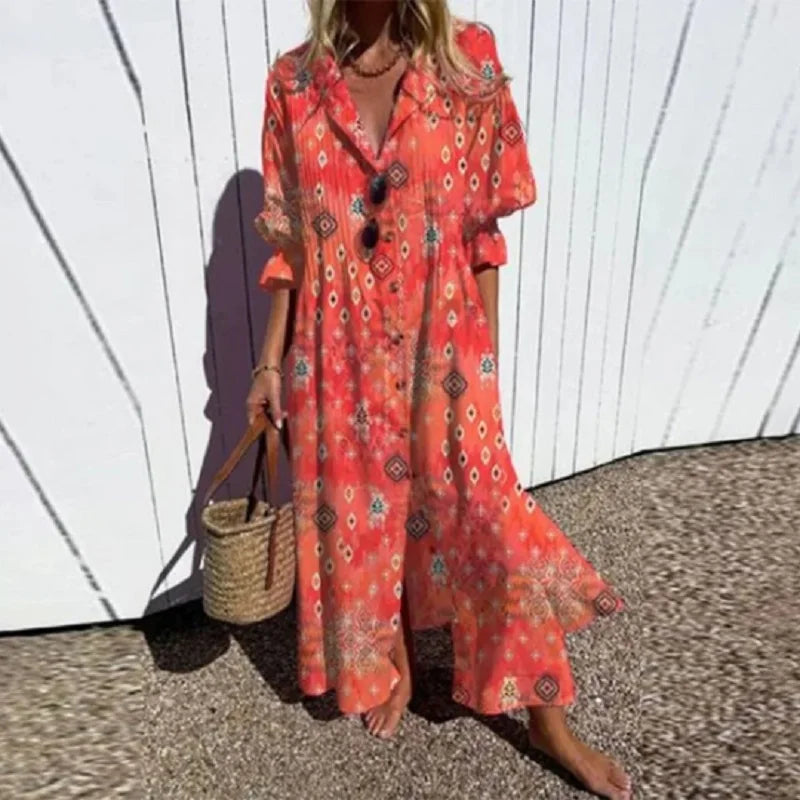 Boho Print V-Neck Maxi Dress – Red