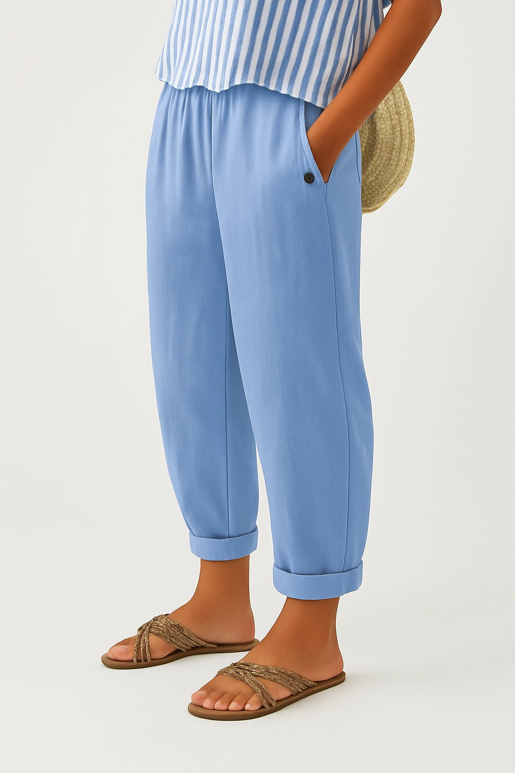 Elastic Waist Lightweight Wide Leg Pants – Light Blue