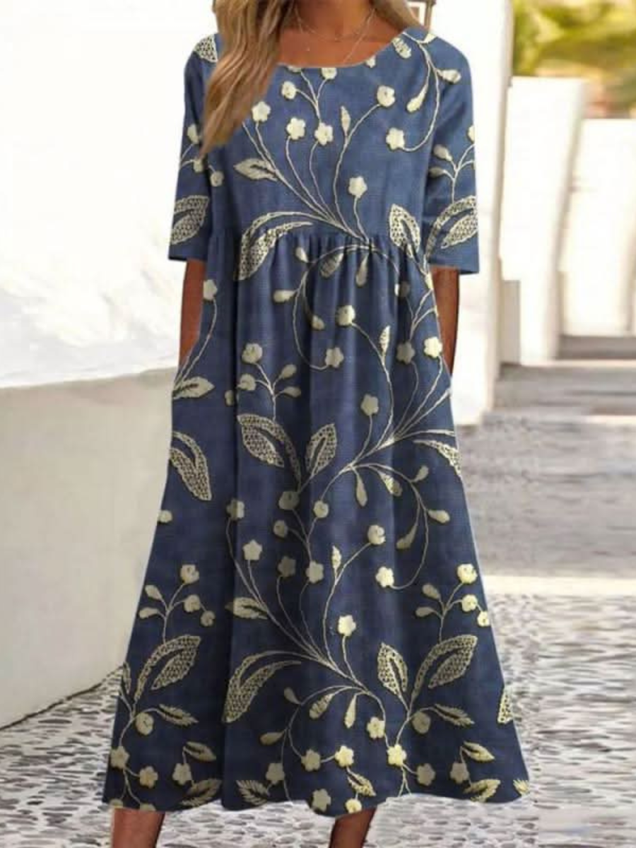 Embroidered Round Neck Midi Dress – Navy