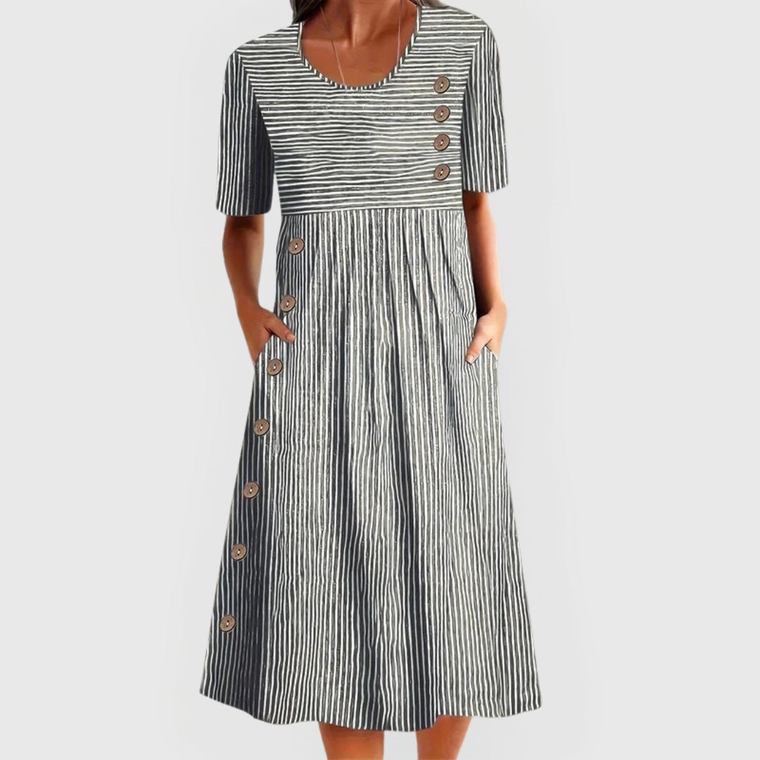 Striped 3/4 Sleeve Midi Dress – Grey